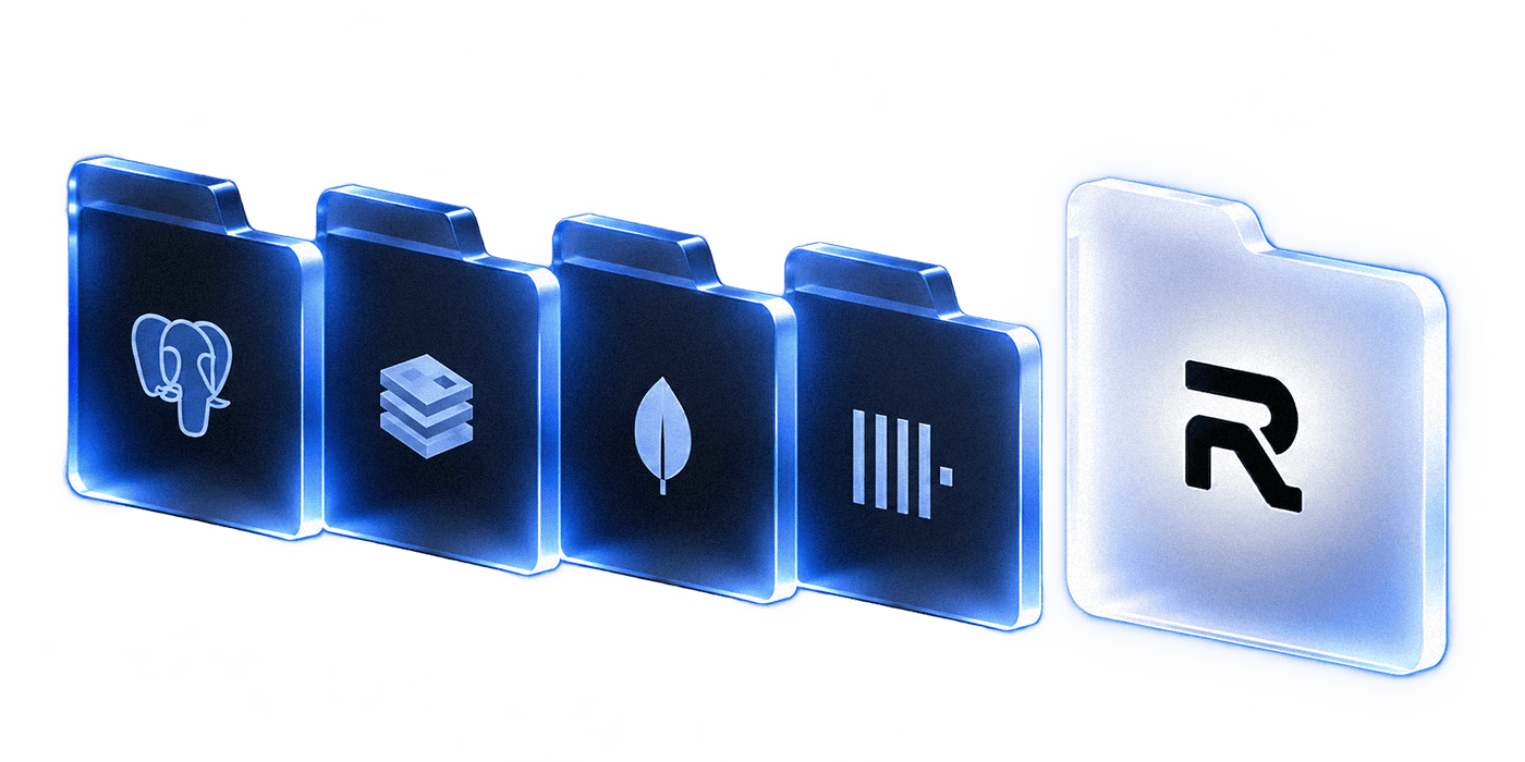 Postgres, Redis, MongoDB and ClickHouse folders connected with the illuminated Recern folder